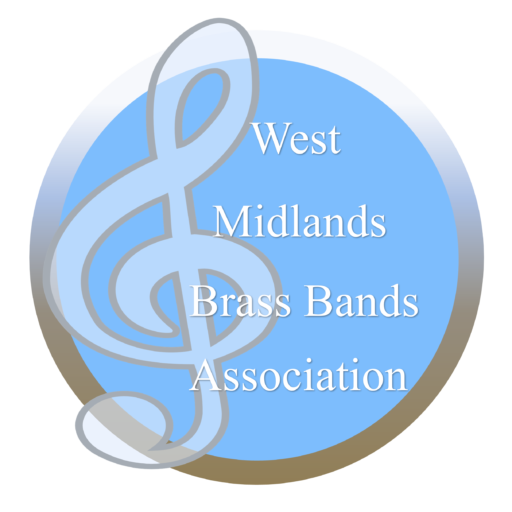 The West Midlands Brass Band Association's a Blue Circle containing a trebble clef and the associations name.